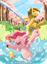 Size: 656x897 | Tagged: artist needed, safe, boneless, cheese sandwich, gummy, pinkie pie, earth pony, pony, cherry blossoms, cute, duo, eyes closed, female, fishing rod, flower, flower blossom, happy, male, mare, playing, smiling, stallion, water