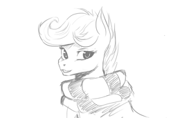 Size: 1226x839 | Tagged: safe, artist:hierozaki, scootaloo, pegasus, pony, bust, clothes, looking at you, monochrome, open mouth, portrait, scarf, simple background, solo, white background