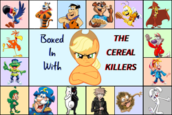 Size: 1800x1202 | Tagged: artist needed, safe, applejack, earth pony, pony, buzzbee, cap'n crunch, cereal, cookie crisp, count chocula, cover art, danganronpa, dig 'em frog, fanfic, fanfic art, food, fred flintstone, frosted flakes, fruit loops, honey nut cheerios, honeycomb (cereal), lucky, lucky charms, makoto naegi, monokuma, sugar bear, sunny the coco bird, tony the tiger, toucan sam, trix