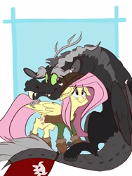 Size: 3000x4000 | Tagged: safe, artist:vantiss, discord, fluttershy, draconequus, pegasus, pony, clothes, cosplay, costume, discoshy, female, folded wings, hat, how to train your dragon, male, mare, shipping, smiling, straight, wings