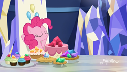 Size: 1920x1080 | Tagged: safe, screencap, pinkie pie, earth pony, pony, father knows beast, arm behind head, cake, cupcake, discovery family logo, eyes closed, female, food, friendship throne, gem, leaning back, mare, muffin, pie, relaxing, smiling, solo, throne, throne room, twilight's castle