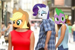 Size: 750x500 | Tagged: safe, derpibooru import, edit, applejack, rarity, spike, pony, barely pony related, distracted boyfriend meme, female, lesbian, male, meme, meta, rarijack, shipping