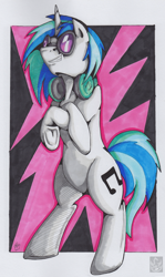 Size: 2030x3411 | Tagged: safe, artist:stormblaze-pegasus, dj pon-3, vinyl scratch, pony, unicorn, bipedal, female, frog (hoof), headphones, mare, solo, sunglasses, traditional art, underhoof