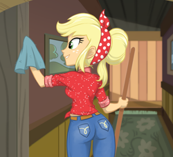 Size: 900x820 | Tagged: safe, artist:ta-na, applejack, better together, equestria girls, five to nine, applebutt, ass, broom, clothes, female, jeans, pants, shirt, solo