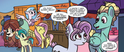 Size: 996x421 | Tagged: safe, artist:kate sherron, idw, fluttershy, sandbar, silverstream, yona, zephyr breeze, classical hippogriff, earth pony, hippogriff, pegasus, pony, yak, spoiler:comic, spoiler:comic74, comic, convention, dialogue, female, male, mare, pixie cut (idw), pixiebreeze, shipping fuel, stallion, teenager, waving