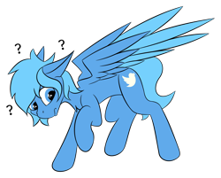 Size: 1600x1287 | Tagged: safe, artist:bitrate16, pegasus, pony, colored wings, colored wingtips, confused, cute, floppy ears, frown, looking back, looking down, male, meta, ponified, question mark, raised hoof, simple background, solo, stallion, transparent background, twitter