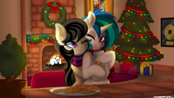 Size: 3840x2160 | Tagged: safe, artist:ciderpunk, dj pon-3, octavia melody, vinyl scratch, earth pony, pony, christmas, christmas lights, christmas tree, clothes, cookie, female, fireplace, food, holiday, lesbian, milk, night, scarf, scratchtavia, shipping, tree