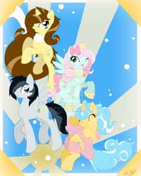 Size: 900x1125 | Tagged: safe, artist:piichu-pi, oc, oc only, oc:eclair, oc:jet strike, oc:parfait, oc:vanilla splash, pegasus, pony, unicorn, abstract background, female, mare, watermark