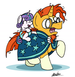 Size: 1481x1527 | Tagged: safe, artist:bobthedalek, princess flurry heart, sunburst, alicorn, pony, unicorn, eyes closed, glasses, hair pulling, open mouth, ponies riding ponies, raised hoof, raised leg, simple background, sitting, smiling, sunburst's glasses, sunburst's robe, uncle sunburst, white background