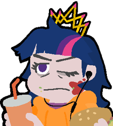 Size: 277x309 | Tagged: safe, artist:threetwotwo32232, derpibooru import, twilight sparkle, human, burger, earbuds, earpiece, food, humanized, simple background, soda, solo, transparent background, twilight burgkle