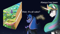 Size: 3840x2160 | Tagged: safe, artist:chopchopguy, editor:smithers888, princess celestia, princess luna, alicorn, pony, 1000 hours in imagemagick, cake, crossing the memes, equestria, everything is cake, food, gun, meme, ponified meme, space, text, wait it's all ohio, weapon