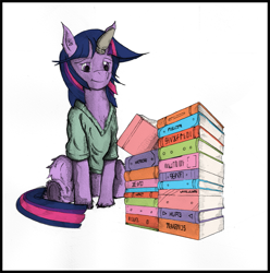 Size: 817x825 | Tagged: safe, artist:dreamingnoctis, derpibooru import, twilight sparkle, ask asylum twilight, book, clothes, horn cap, shirt, solo, underhoof