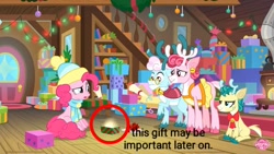 Size: 1280x720 | Tagged: safe, edit, edited screencap, screencap, alice the reindeer, aurora the reindeer, bori the reindeer, pinkie pie, earth pony, pony, best gift ever, circle, speculation, text, text edit, theory