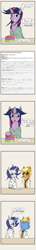 Size: 500x3510 | Tagged: safe, artist:dreamingnoctis, derpibooru import, applejack, rarity, twilight sparkle, earth pony, pony, unicorn, ask, ask asylum twilight, bad handwriting, book, clothes, horn cap, lab coat, magic suppression, tumblr