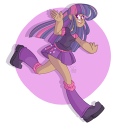 Size: 1450x1450 | Tagged: dead source, safe, artist:squididdle, derpibooru import, twilight sparkle, twilight sparkle (alicorn), alicorn, equestria girls, clothes, cute, human coloration, leg warmers, open mouth, panties, pink underwear, pleated skirt, running, shoes, skirt, skirt lift, solo, underwear, upskirt