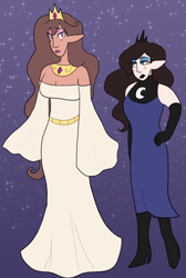 Size: 808x1200 | Tagged: safe, artist:greenarsonist, princess celestia, princess luna, human, cis, cis girl, elf ears, eyeshadow, headcanon, headcanon in the description, humanized, light skin, lipstick, makeup, natural hair color, pale, trans, trans girl, transgender