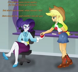 Size: 4062x3754 | Tagged: safe, artist:poseidonathenea, applejack, rarity, better together, equestria girls, school daze, apple, belt, boots, chalkboard, clothes, cowboy boots, cowboy hat, crossed legs, denim skirt, food, glasses, hair bun, hat, high heels, implied lesbian, implied rarijack, implied shipping, legs, poem, schoolmarm rarity, shoe dangling, shoes, skirt, stetson, teacher, this will end in a night on the couch