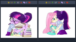 Size: 616x339 | Tagged: safe, artist:keeerooooo1, fluttershy, sci-twi, twilight sparkle, better together, equestria girls, stressed in show, stressed in show: fluttershy, the last day of school, book, derpibooru, exploitable meme, geode of fauna, hug, juxtaposition, magical geodes, meme, meta, that human sure does love books