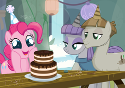 Size: 3302x2336 | Tagged: safe, artist:shutterflyeqd, boulder (pet), maud pie, mudbriar, pinkie pie, earth pony, pony, cake, female, food, hat, male, mare, maudbriar, open mouth, party hat, shipping, signature, stallion, straight, surprised, twiggy (pet)