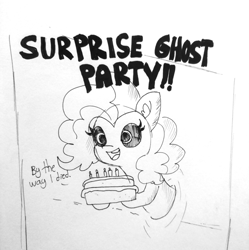 Size: 1280x1283 | Tagged: safe, artist:tjpones, pinkie pie, earth pony, ghost, ghost pony, pony, black sclera, cake, dialogue, ear fluff, female, food, hoof hold, inktober, inktober 2018, mare, solo, surprise party, through wall