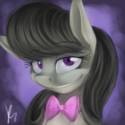 Size: 1024x1024 | Tagged: safe, artist:pocketyhat, octavia melody, earth pony, pony, abstract background, bust, female, lidded eyes, looking at you, mare, smiling, solo