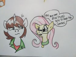 Size: 1292x969 | Tagged: safe, artist:paper view of butts, fluttershy, oc, oc:futashy, oc:paper butt, pegasus, pony, unicorn, cannon, clothes, collar, color, comic, dialogue, female, glasses, horn, jacket, male, mare, stallion, traditional art