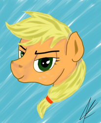 Size: 1233x1493 | Tagged: safe, artist:lunfromluna, derpibooru exclusive, applejack, earth pony, pony, abstract background, bust, female, lidded eyes, looking at you, mare, portrait, signature, smiling, solo