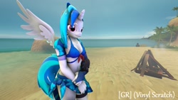 Size: 1920x1080 | Tagged: safe, artist:gr-vinyl-scratch, dj pon-3, vinyl scratch, anthro, 3d, beach, belly button, bikini, clothes, female, overwatch, sarong, shy, solo, swimsuit, vinylcorn, widowmaker