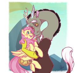 Size: 2518x2381 | Tagged: safe, artist:yami-sempai, discord, fluttershy, draconequus, pegasus, pony, to where and back again, blushing, discoshy, eye contact, female, folded wings, holding a pony, hug, looking at each other, male, mare, scene interpretation, shipping, simple background, smiling, straight, transparent background, wings