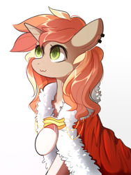 Size: 515x684 | Tagged: safe, artist:sevedie, oc, oc only, oc:ciri, pony, unicorn, :3, bacon, clothes, coat, colored pupils, ear piercing, female, food, meat, piercing, simple background, solo, white background