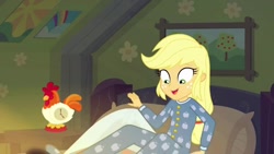 Size: 1280x720 | Tagged: safe, screencap, applejack, bird, rooster, better together, equestria girls, five to nine, applejack's bedroom, clock, clothes, happy, onesie, pajamas, smiling, solo