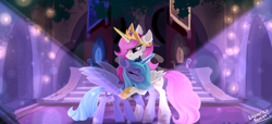 Size: 3500x1600 | Tagged: safe, artist:liquorice_sweet, princess celestia, princess luna, alicorn, pony, accessories, castle of the royal pony sisters, cute, ear fluff, embrace, everfree forest, female, hug, leg fluff, night, royal sisters, siblings, sisters, throne, throne room