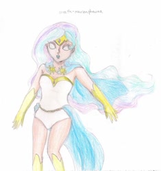 Size: 720x767 | Tagged: safe, artist:wrath-marionphauna, princess celestia, human, boots, cape, clothes, colored pencil drawing, gloves, humanized, jewelry, leotard, lipstick, shoes, solo, superhero, tiara, traditional art, white eyes