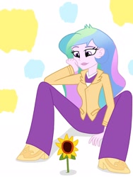 Size: 1536x2048 | Tagged: safe, artist:justsomepainter11, princess celestia, principal celestia, equestria girls, calm, clothes, flower, pants, shoes, simple background, sitting, spread legs, spreading, sunflower, white background