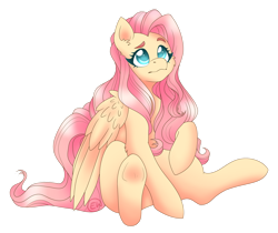 Size: 1600x1344 | Tagged: safe, artist:erkythehero23, fluttershy, pegasus, pony, confused, cute, female, folded wings, long hair, looking up, mare, raised hoof, shyabetes, simple background, sitting, solo, three quarter view, transparent background, underhoof, wings