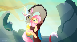 Size: 1700x934 | Tagged: safe, artist:zlayd-oodles, discord, fluttershy, pegasus, pony, to where and back again, discoshy, female, holding a pony, hug, male, scene interpretation, shipping, straight