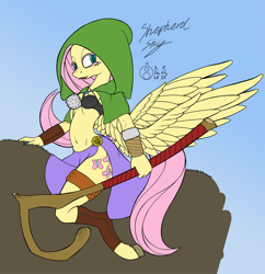 Size: 968x1000 | Tagged: safe, artist:sepiakeys, fluttershy, harry, anthro, pegasus, unguligrade anthro, armor, belly button, bracer, breasts, clothes, fantasy class, female, fur, hootershy, leather, midriff, shepard, shepard's crook, solo, unconvincing armor, weapon, wings