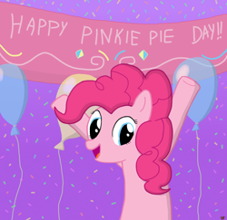 Size: 3500x3400 | Tagged: safe, artist:devfield, pinkie pie, earth pony, pony, balloon, banner, blue eyes, confetti, party, pinkie pie day, simple background, smiling, solo