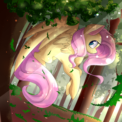 Size: 1000x1000 | Tagged: safe, artist:yellowalpaca0726, fluttershy, pegasus, pony, crepuscular rays, female, forest, hiding, looking at you, mare, solo, spread wings, tree, wings