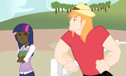 Size: 1120x676 | Tagged: safe, artist:the-mad-pumpkin, derpibooru import, big macintosh, twilight sparkle, human, dark skin, humanized, implied twimac, male, shipping, straight, twimac