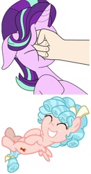 Size: 881x1683 | Tagged: safe, anonymous artist, artist:frownfactory, edit, cozy glow, starlight glimmer, pegasus, pony, unicorn, marks for effort, abuse, cutie mark, derpibooru, downvote bait, drama, eyes closed, female, filly, fist, floppy ears, glimmerbuse, hand, juxtaposition, meta, op is a cuck, punch, simple background, smiling, starlight drama, transparent background, wings