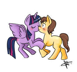 Size: 793x737 | Tagged: safe, artist:celesterui, twilight sparkle, twilight sparkle (alicorn), alicorn, pony, blushing, crossover, crossover shipping, kissing, male, peter parker, shipping, simple background, spider-man, spidertwi, straight, surprise kiss, surprised, white background