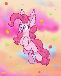 Size: 1600x2000 | Tagged: safe, artist:heir-of-rick, pinkie pie, earth pony, pony, abstract background, ear fluff, female, floating, impossibly large ears, large ears, mare, smiling, solo