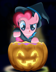 Size: 1653x2118 | Tagged: safe, artist:lifesharbinger, pinkie pie, earth pony, pony, brew, cauldron, halloween, holiday, jack-o-lantern, nightmare night, pumpkin, smiling, solo, witch costume