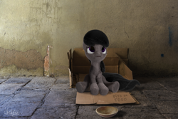 Size: 1695x1132 | Tagged: safe, artist:nebulafactory, octavia melody, earth pony, pony, 3d, begging, blender, box, cute, fluffy, irl, photo, ponies in real life, real life background, sad, sidewalk