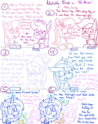 Size: 4779x6013 | Tagged: safe, artist:adorkabletwilightandfriends, berry punch, berryshine, cheerilee, cloudchaser, dj pon-3, lily, lily valley, minuette, roseluck, spike, vinyl scratch, dragon, earth pony, pony, unicorn, comic:adorkable twilight and friends, absurd resolution, adorkable friends, comic, dialogue, food, implied sparlight, implied starlight glimmer, lilyspike, lineart, sandwich, shy, simple background, singles night, slice of life