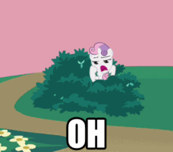 Size: 342x301 | Tagged: safe, edit, edited screencap, screencap, scootaloo, sweetie belle, pegasus, pony, unicorn, hearts and hooves day (episode), animated, bush, bushicorn, duo, female, filly, hearts and hooves day, impact font, oh come on, reaction image, zip lines