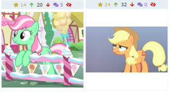 Size: 652x357 | Tagged: safe, derpibooru import, screencap, applejack, minty, earth pony, pony, sundae sundae sundae, teacher of the month (episode), spoiler:interseason shorts, derpibooru, juxtaposition, meta, recolor