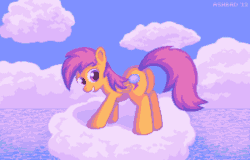 Size: 600x384 | Tagged: artist needed, safe, scootaloo, pegasus, pony, cloud, female, filly, looking back, pixel art, smiling, solo, water