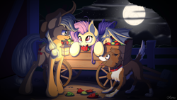 Size: 3840x2160 | Tagged: safe, artist:ohemo, applejack, fluttershy, winona, bat pony, dog, earth pony, pony, 4k, apple, cowboy hat, female, flutterbat, food, full moon, hat, lantern, mare, moon, night, race swap, smiling, stetson